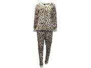 Covington Womens Ivory Brown Fleece Pajamas Leopard Print Sleep Set L