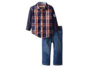 Kids Headquarters Infant Boys 2P Blue Orange Plaid Shirt Denim Pants Set 18m