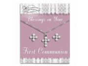 Silver tone W pearl Cross Necklace And Post Earrings Set