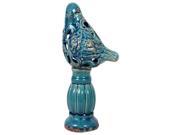 BENZARA BRU 130152 Exquisite and Beautifully Carved Ceramic Bird on Stand Antique Blue