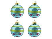 4ct Teal Blue with Glitter Polka Dot Stripe Design Glass Ball Christmas Ornaments 2.5 65mm