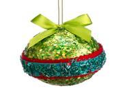 3.5 Christmas Brites Green Red and Blue Sequin and Bead Ball Ornament with Bow