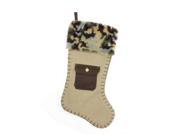 20.5 Burlap and Brown Pocket Christmas Stocking with Camouflage Faux Fur Cuff