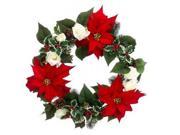 22 Red Poinsettia and White Rose Artificial Christmas Wreath Unlit