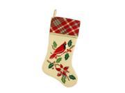 20.5 Country Cabin Embroidered Tan Cardinal Bird Christmas Stocking With Red Plaid Cuff