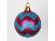 Cerise Pink Matte with Turquoise Blue Glitter Chevron Christmas Ball Ornaments 4.75 120mm