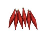 6ct Red Hot Glitter Stripes Shatterproof Finial Drop Christmas Ornaments 5.75