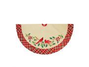 48 Country Cabin Embroidered Cardinal Birds Christmas Tree Skirt with Red Plaid Border