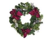 24 Two Tone Pine with Purple Poinsettias Silver Pine Cones and Berries Christmas Wreath Unlit