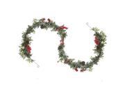 6 Glittered Artificial Boxwood Pine Cone and Red Berry Christmas Garland Unlit