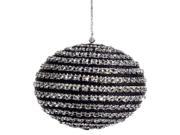 4 Contemporary Striped Black and Silver Sequined Christmas Ball Ornament
