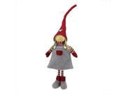 18.25 Cheerful Standing Young Girl Gnome in Gray Dress and Heart Winter Hat Christmas Decoration