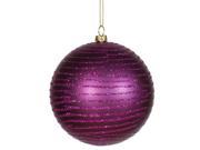Plum Purple Glitter Striped Shatterproof Christmas Ball Ornament 4 100mm