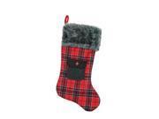 20.5 Alpine Chic Red and Black Plaid Christmas Stocking with Pocket and Gray Faux Fur Cuff