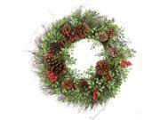 24 Glittered Artificial Boxwood Pine Cone and Red Berry Christmas Wreath Unlit