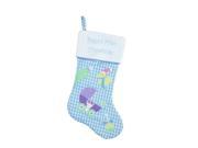 18.5 Blue and White Checked Baby s First Christmas Embroidered Stocking with Fleece Cuff