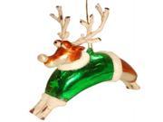 Whimsical Reindeer In Green Santa Coat Glass Christmas Ornament