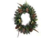 20 Pheasant Feather Artificial Christmas Wreath with Pine Cones Unlit