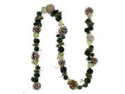 5 Decorative Green Pine Cone Wooden Rose and Faux Pearl Artificial Christmas Garland Unlit