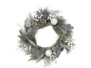 24 Frosted Artificial Mixed Pine and Pine Cone Wreath with White Berries and Balls Unlit
