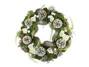 13 White Frosted Pine Cone Roses and Twigs Artificial Christmas Wreath Unlit