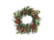 24 Red Berry Pine Cone and Eucalyptus Leaf Long Needle Pine Artificial Christmas Wreath Unlit