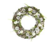 19 White Frosted Pine Cone Roses and Twigs Artificial Christmas Wreath Unlit
