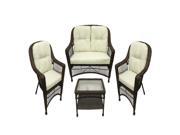 4 Pc Somerset Dark Brown Resin Wicker Patio Loveseat Chairs Table Furniture Set Cream Cushions