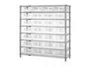 Quantum Storage Systems Complete 8 Shelf Wire Shelving Unit with 28 QUS239CL Clear View Ultra Bins 12 W X 36 L X 74 H