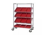 Quantum Wire Mobile Slanted Shelving Unit with Red Bins Chrome 18 W x 36 L x 63 H