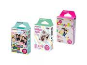 Fujifilm Instax Mini Instant Film 3 Pack Bundle (30 Sheets) with Stained Glass, Candy Pop & Stripe Instant Film