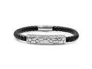 8.5 Stunning Stainless Steel Bracelet Black Leather with Tribal Design