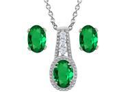 1.48 Ct Oval Green Nano Emerald 14K White Gold Pendant Earrings Set