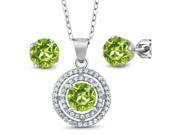 3.34 Ct Round Natural Green Peridot 925 Sterling Silver Pendant Earrings Set