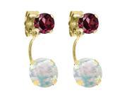 2.04 Ct Round White Simulated Opal Red Rhodolite Garnet 14K Yellow Gold Earrings