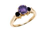 0.58 Ct Purple Amethyst Black Diamond 925 Yellow Gold Plated Silver 3 Stone Ring