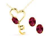 2.56 Ct Oval Red Created Ruby 14K Yellow Gold Pendant Earrings Set