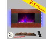 AKDY 36 Wooden Tempered Glass Electric Fireplace Heat Wall Mount Adjustable 1500W Heater 2 Setting LED Log 2 in 1 Pebbles Interchangeable