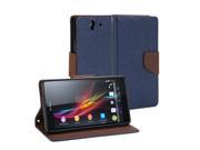 Wallet Case Classic for Sony Xperia Z L36H Navy Blue Brown Cross Pattern PU Leather Slim Magnetic Flip Stand Cover