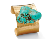 PalmBeach Jewelry Genuine Turquoise Nugget Hammered Cuff Bracelet in Yellow Gold Tone