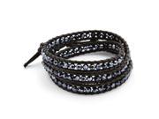 PalmBeach Jewelry Round Black Crystal Black Leather Wrap Bracelet 20