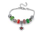 PalmBeach Jewelry Red and Green Crystal Silvertone Bali Style Beaded Charm and Spacer Bracelet 8