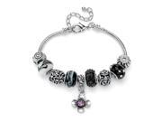 PalmBeach Jewelry Black and Purple Crystal Bali Style Charm and Spacer Bracelet in Silvertone