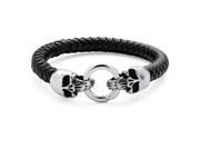 PalmBeach Jewelry Men s Stainless Steel and Black Leather Linking Skull Bracelet 9