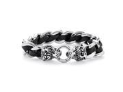Men s Tiger Head Curb Link Bracelet in Stainless Steel and Black Leather 8 1 4 Length