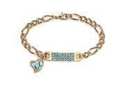 Birthstone I.D. Plaque and Heart Charm Figaro Link Bracelet in Yellow Gold Tone 7 March Simulated Aquamarine