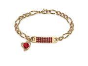 Birthstone I.D. Plaque and Heart Charm Figaro Link Bracelet in Yellow Gold Tone 7 July Simulated Ruby