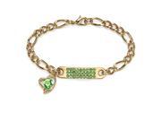 Birthstone I.D. Plaque and Heart Charm Figaro Link Bracelet in Yellow Gold Tone 7 August Simulated Peridot