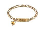 Birthstone I.D. Plaque and Heart Charm Figaro Link Bracelet in Yellow Gold Tone 7 November Simulated Citrine
