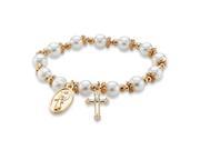 PalmBeach Jewelry Round Simulated Pearl and Beaded Religious Stretch Bracelet in Gold Tone 7